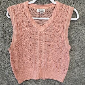 Vintage 80s 90s Pink Sweater Vest Cable Knit V Neck Sleeveless Coquette Twee